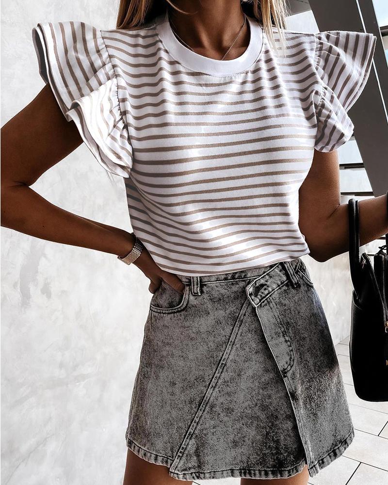 

Flutter Sleeve Striped Colorblock Casual Top, Apricot