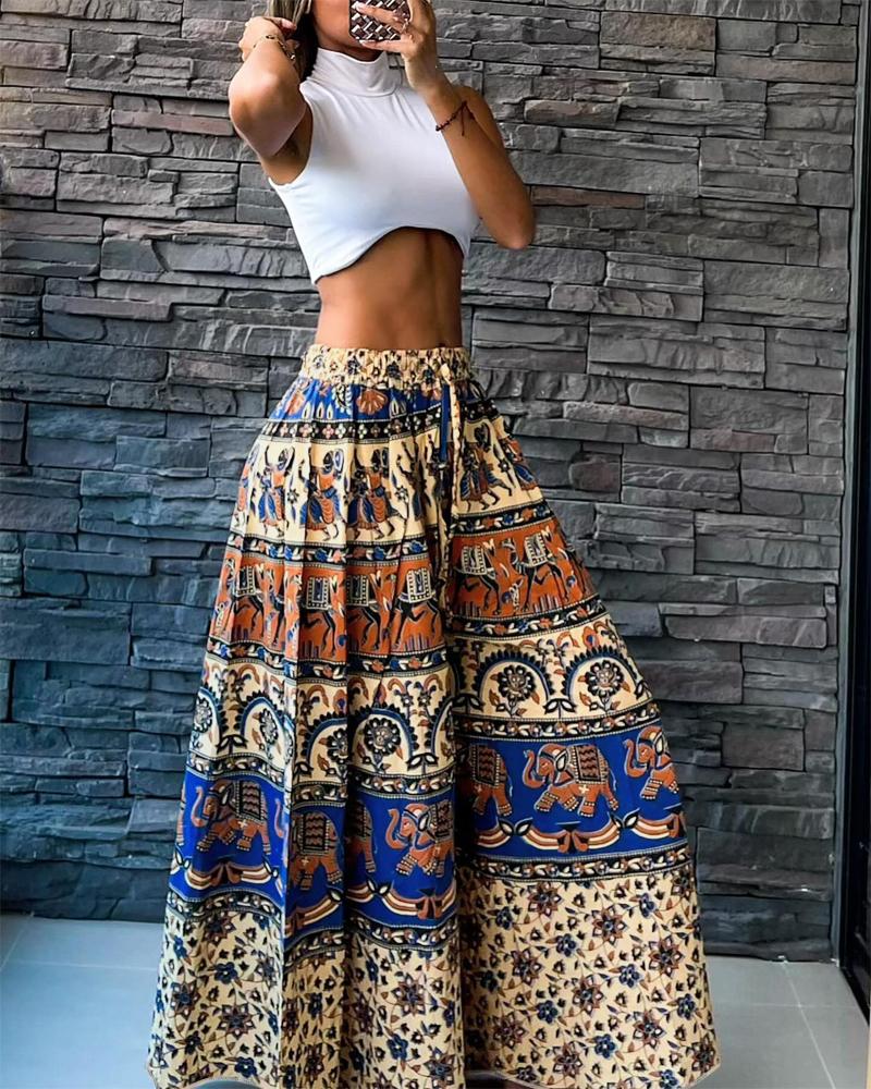 

Pantalones anchos con cordón y estampado tribal, Yellow