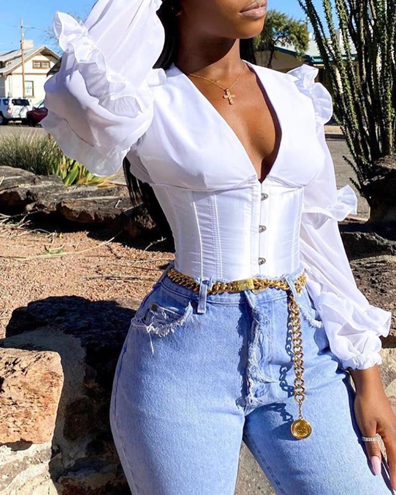

Eyelet Lace-up Frill Hem Backless Crop Women Top, White