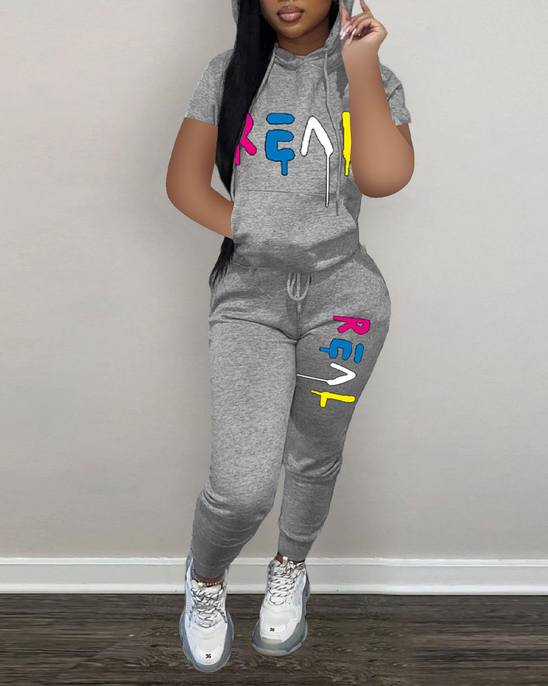 

Letter Print Hooded Top & Drawstring Pants Set, Gray