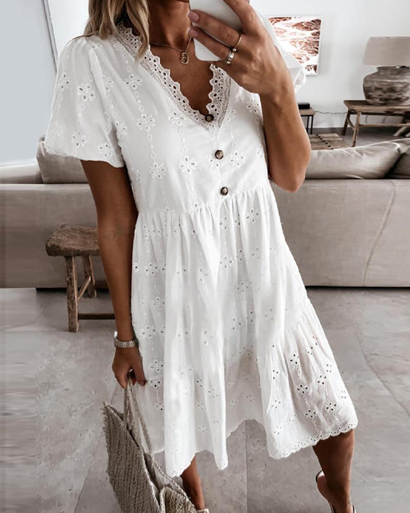 

Eyelet Embroidery Short Sleeve Casual Dress, White