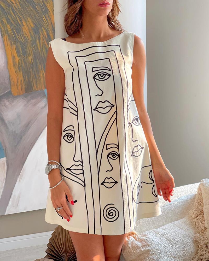 

Figure Print Sleeveless Casual Dress, White