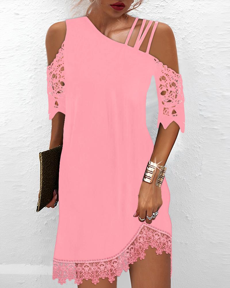 

Contrast Lace Cold Shoulder Casual Dress, Pink