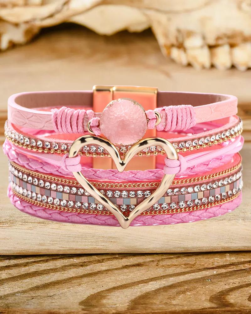 

1pc Rhinestone Heart Pattern Braided Magnet Bracelet, Pink