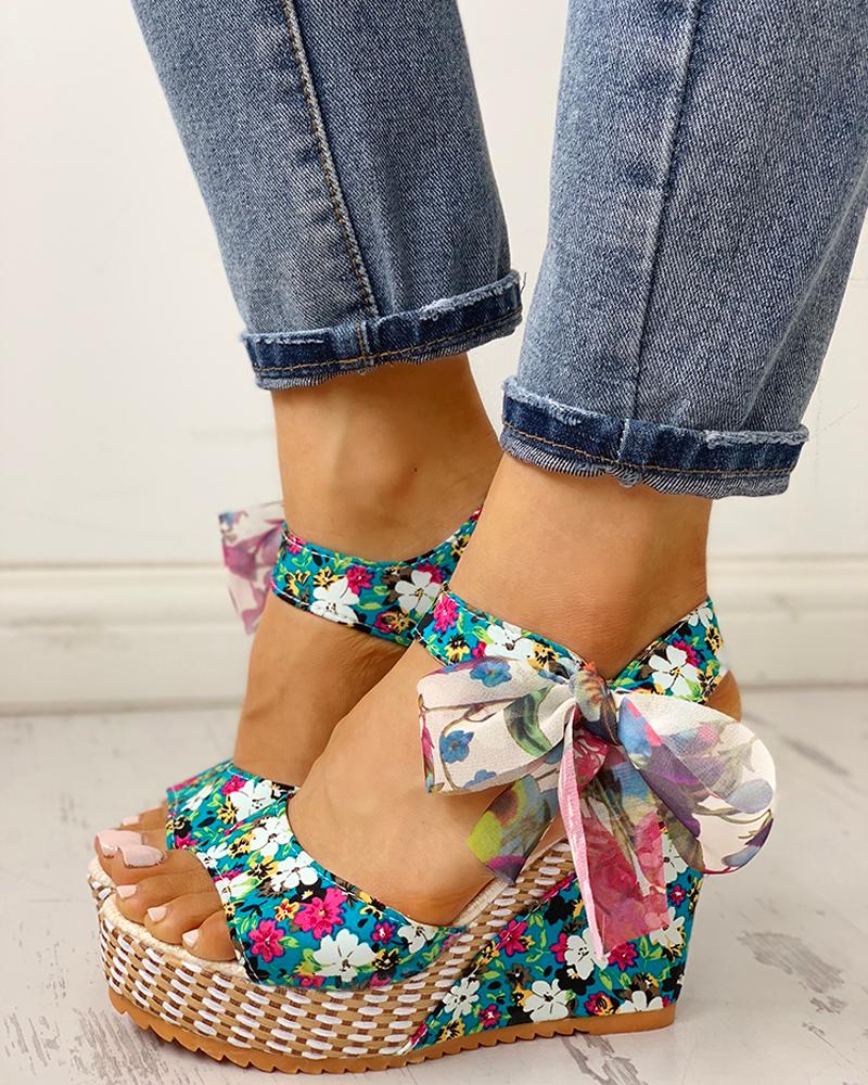 

Floral Bowknot Design Platform Wedge Sandals, Blue