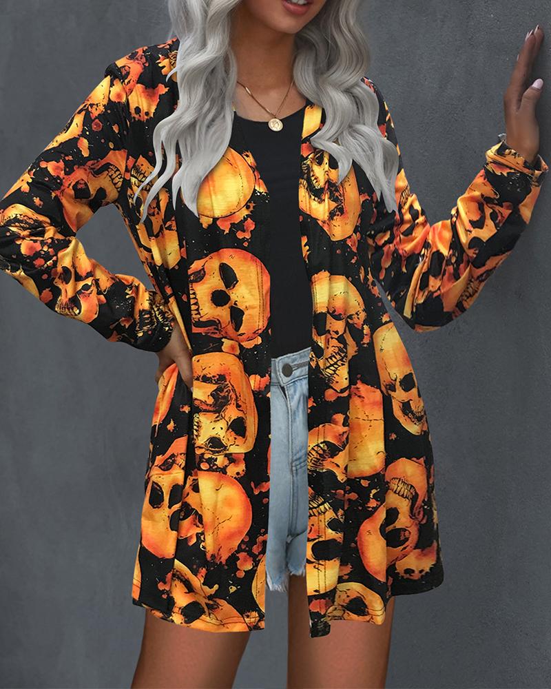 

Halloween Skull Print Open Front Coat, Orange