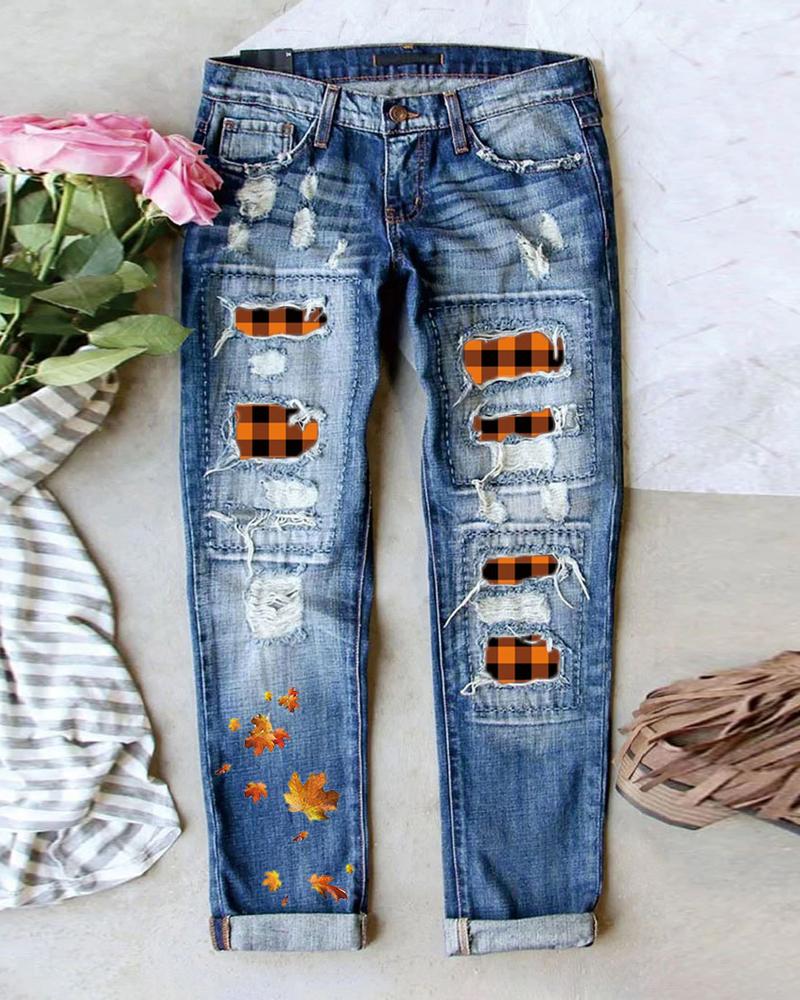 

Halloween Maple Leaf Print Ripped Straight Leg Jeans, Blue