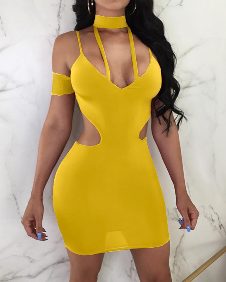 

Strappy Cold Shoulder Backless Choker Neck Slip Party Dress, Yellow