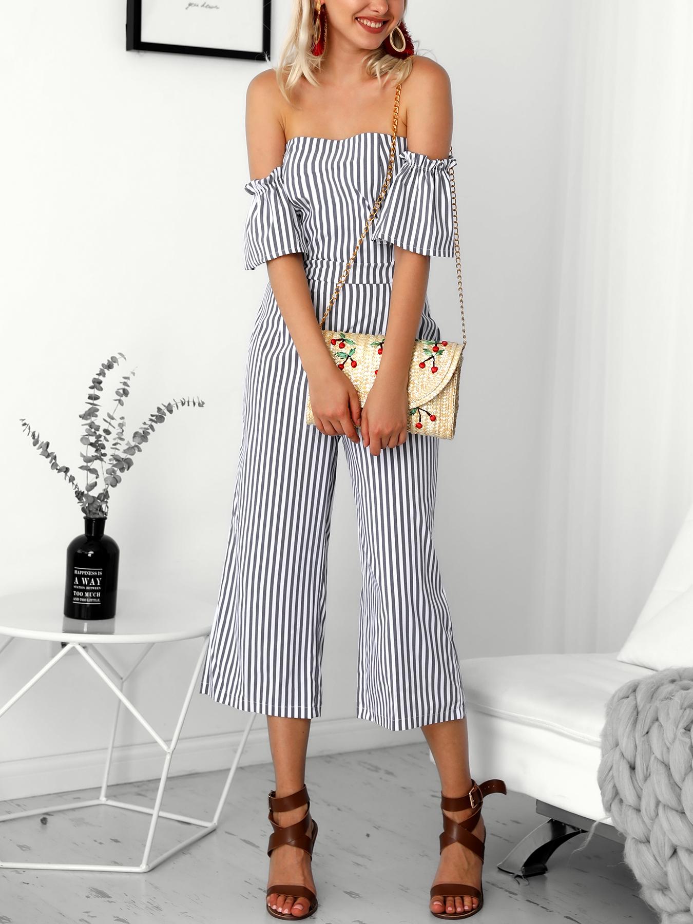 

Striped Flared Sleeve Bardot Wide Leg Jumpsuit, Gray