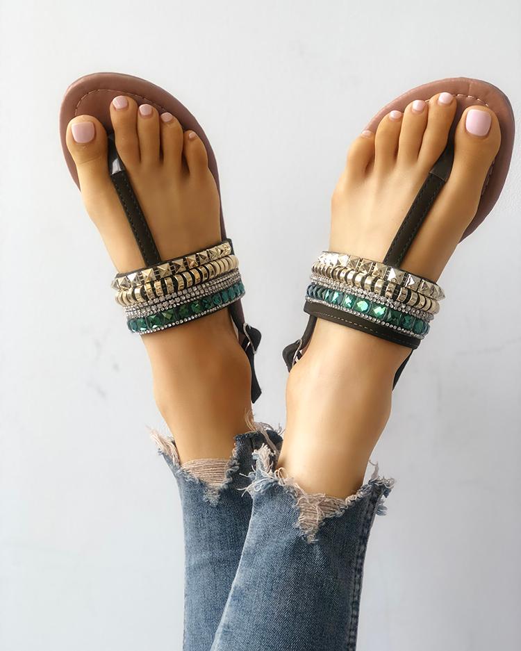 

Rivet Beading Embellished Toe Post Flat Sandals, Green