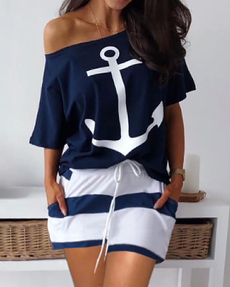 

Boat Anchor Print Top & Striped Print Drawstring Shorts Sets, Blue