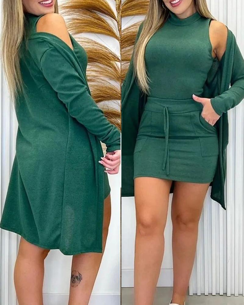 

Mock Neck Tank Top & Drawstring Skirt Set With Longline Coat, Green