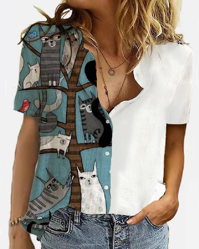 

Cat Print Colorblock Button Front Top, White