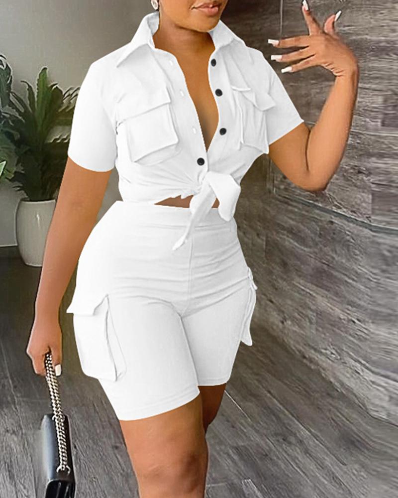 

Buttoned Crop Top & High Waist Shorts Set, White
