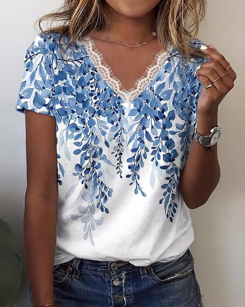 

Plants Print Lace Trim Casual T-shirt, Blue