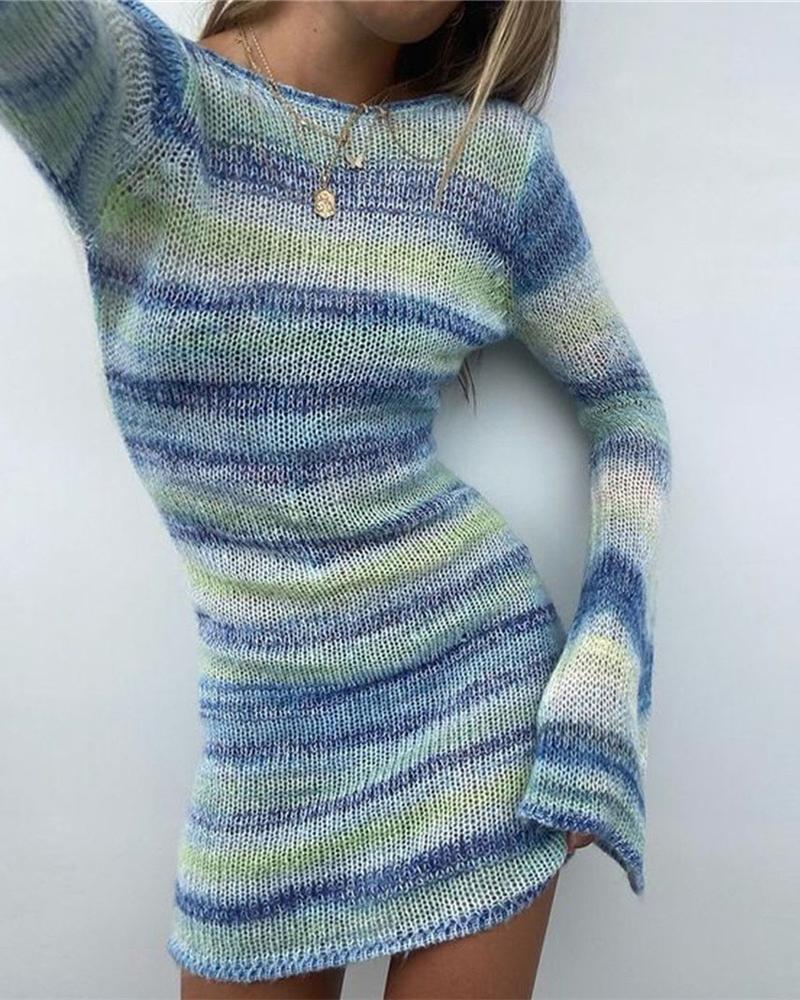 

Striped Bell Sleeve Backless Sweater Dress, Blue
