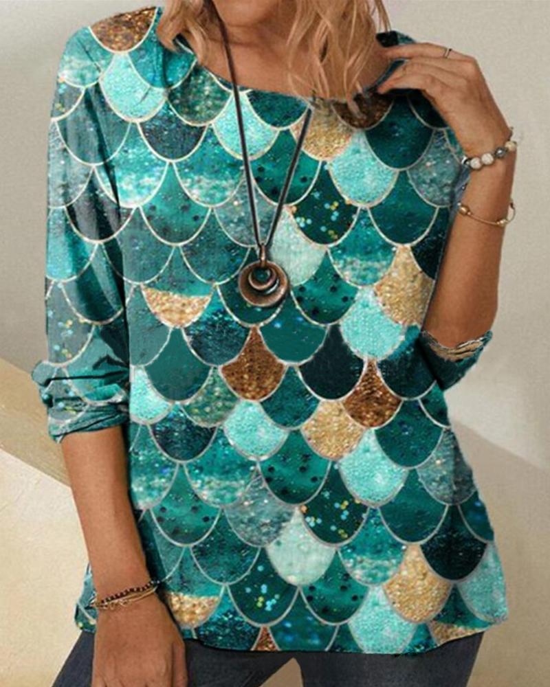 

Mulkticolor Diamond Lattice Print Long Sleeve Blouse, Green