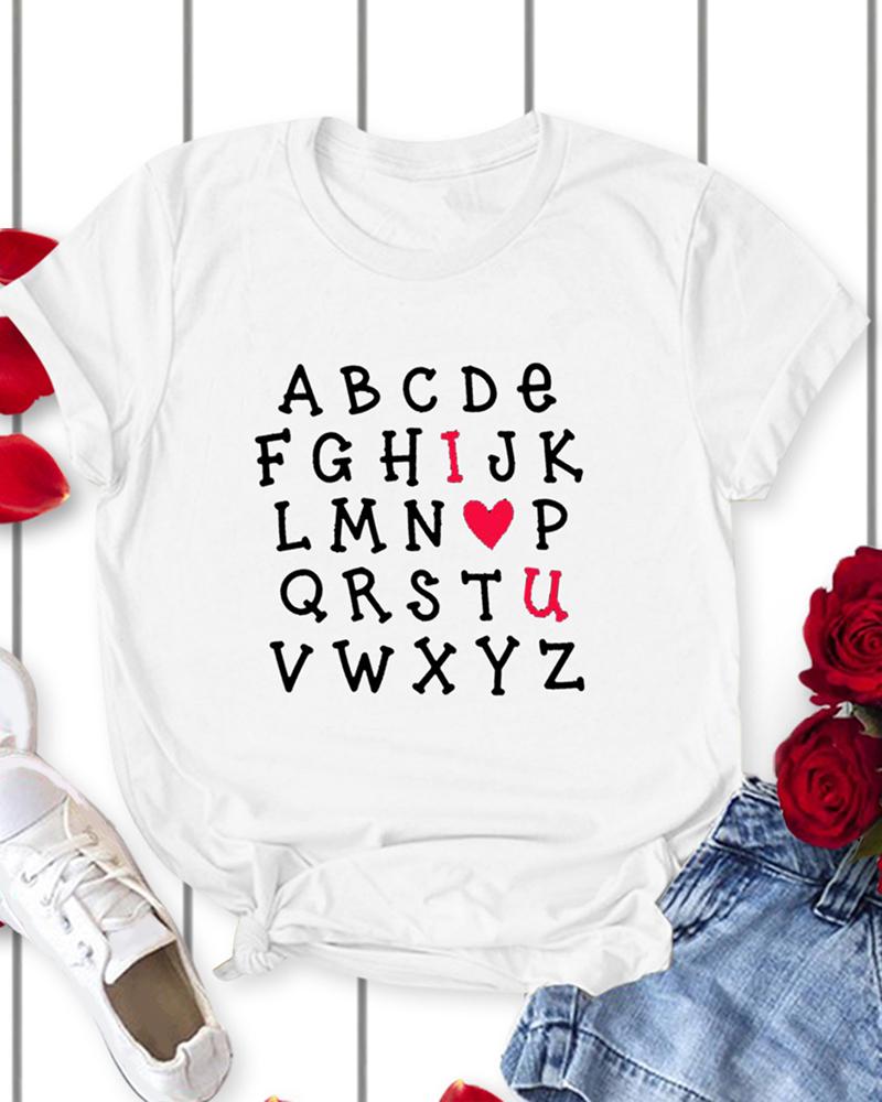 

Valentine' Day Short Sleeve Letter Heart Print T-shirt, White
