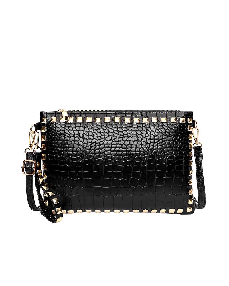 

Rivet Decor Croc Embossed Clutch Bag With Wristlet, Black