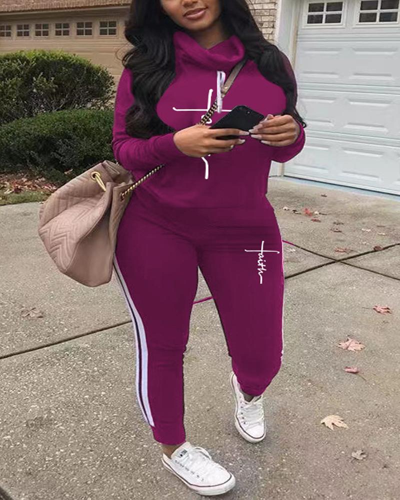 

Plus Size Letter Print Long Sleeve Hoodie & Pants Set, Purple