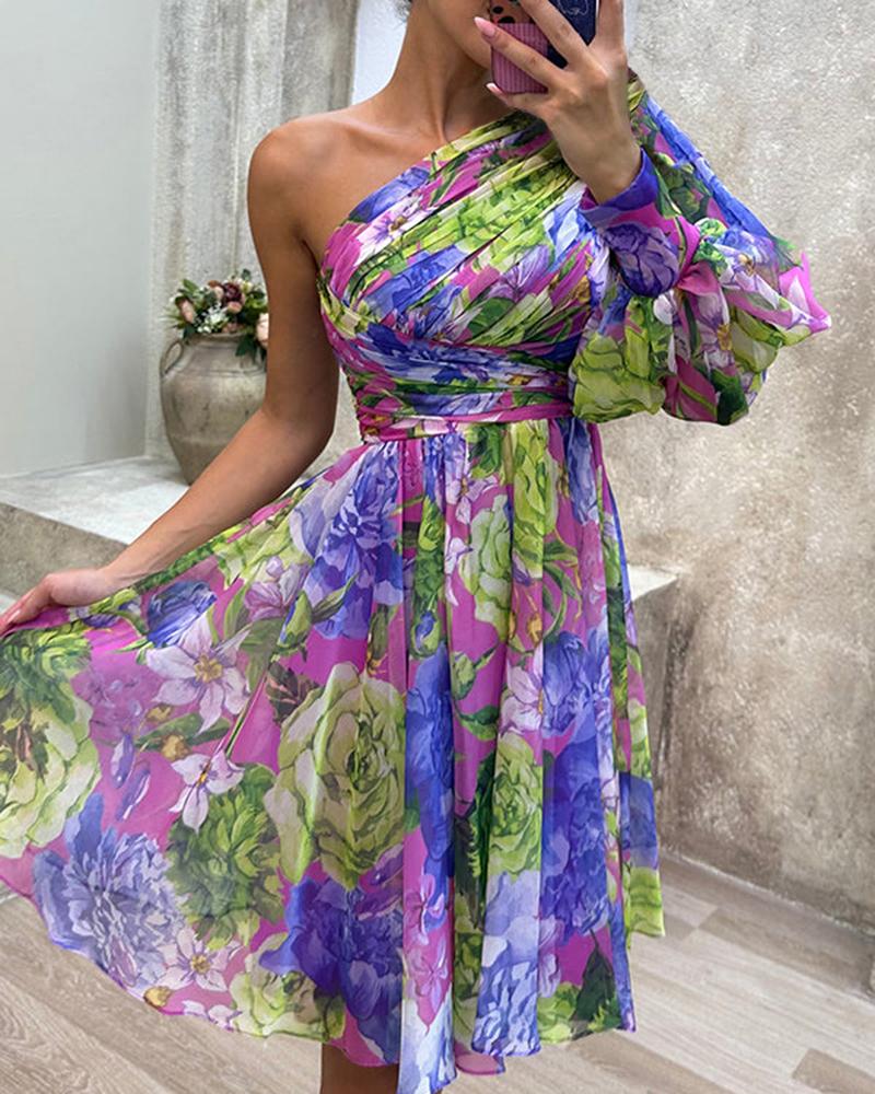 

Floral Print Lantern Sleeve One Shoulder A Line Dress, Purple