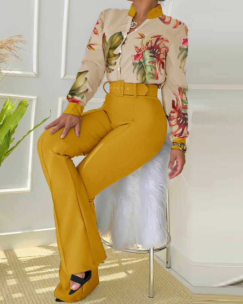 

Palm Leaf Print Shirt & Plain Bootcut Pants Set With Belt, Yellow