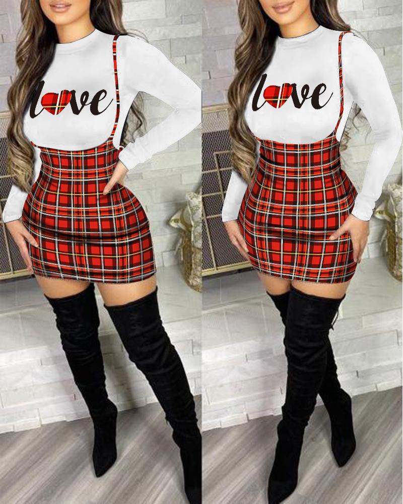 

Letter Print Long Sleeve Top & Plaid Suspender Skirt Set, Red