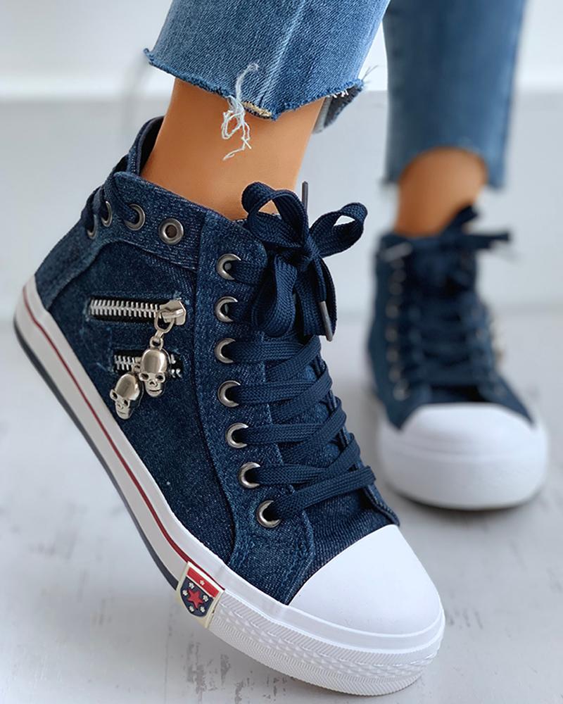 

Lace-Up Skeleton Zipper Detail Casual Sneakers, Dark blue