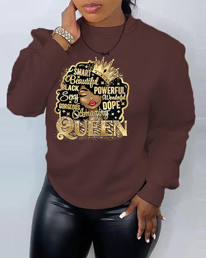 

Plus Size Figure Letter Print Long Sleeve Sweatshirt, Coffee