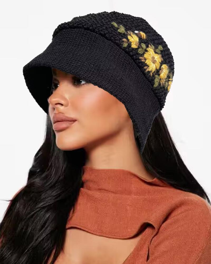 

Floral Embroidery Visor Bucket Hat, Black