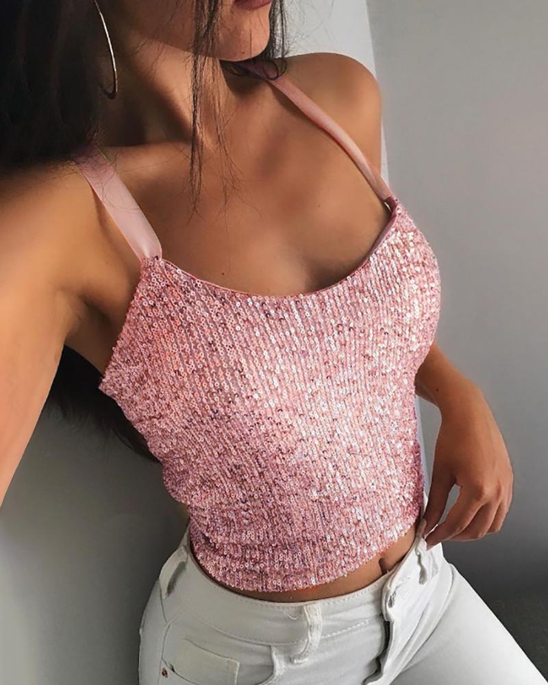 

Sequins Bandage Backless Tank Women Top, Pink