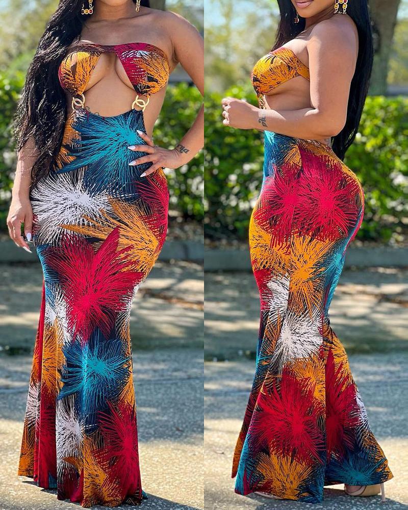 

Allover Print O-Ring Cutout Backless Bodycon Dress, Multicolor