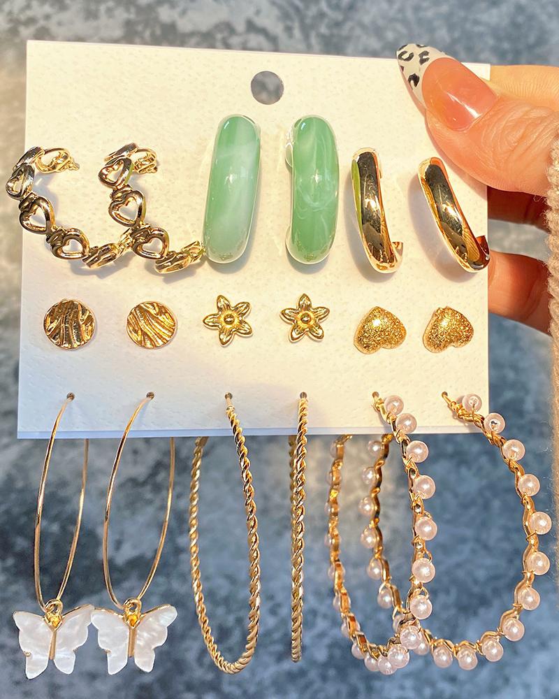 

9Pair Butterfly Pearls Decor Vintage Earrings Set, Gold