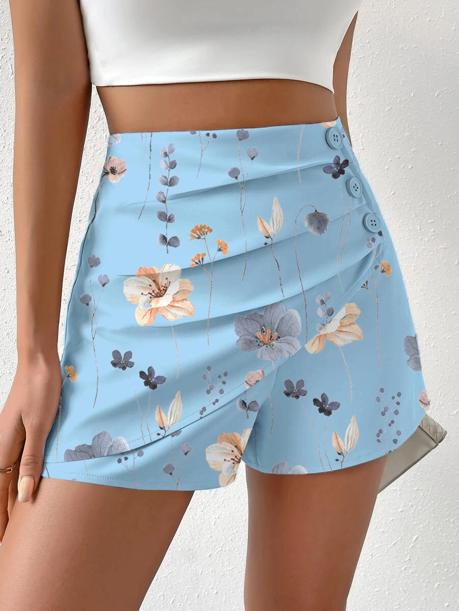 Shorts fruncidos con botones laterales y estampado floral