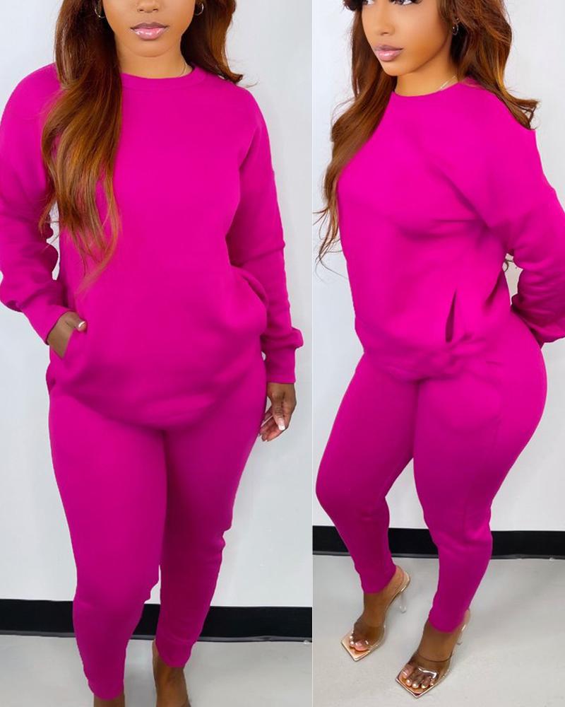 

Long Sleeve Pocket Design Top & Sweatpants Set, Hot pink