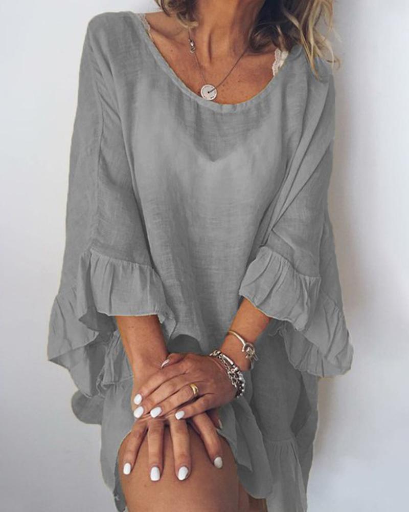 

Bell Sleeve Ruffle Hem Casual Dress, Gray