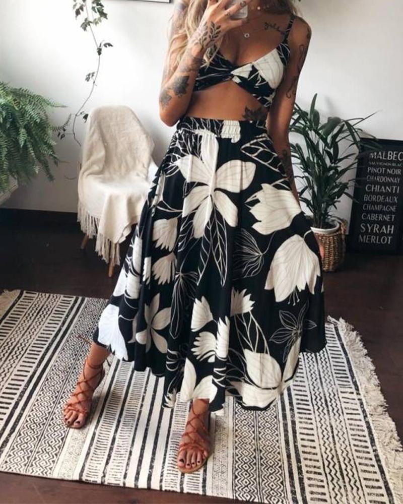

Boho Style Floral Print Sling Cropped Top With High Waist Skirt Skirt Sets, Style1
