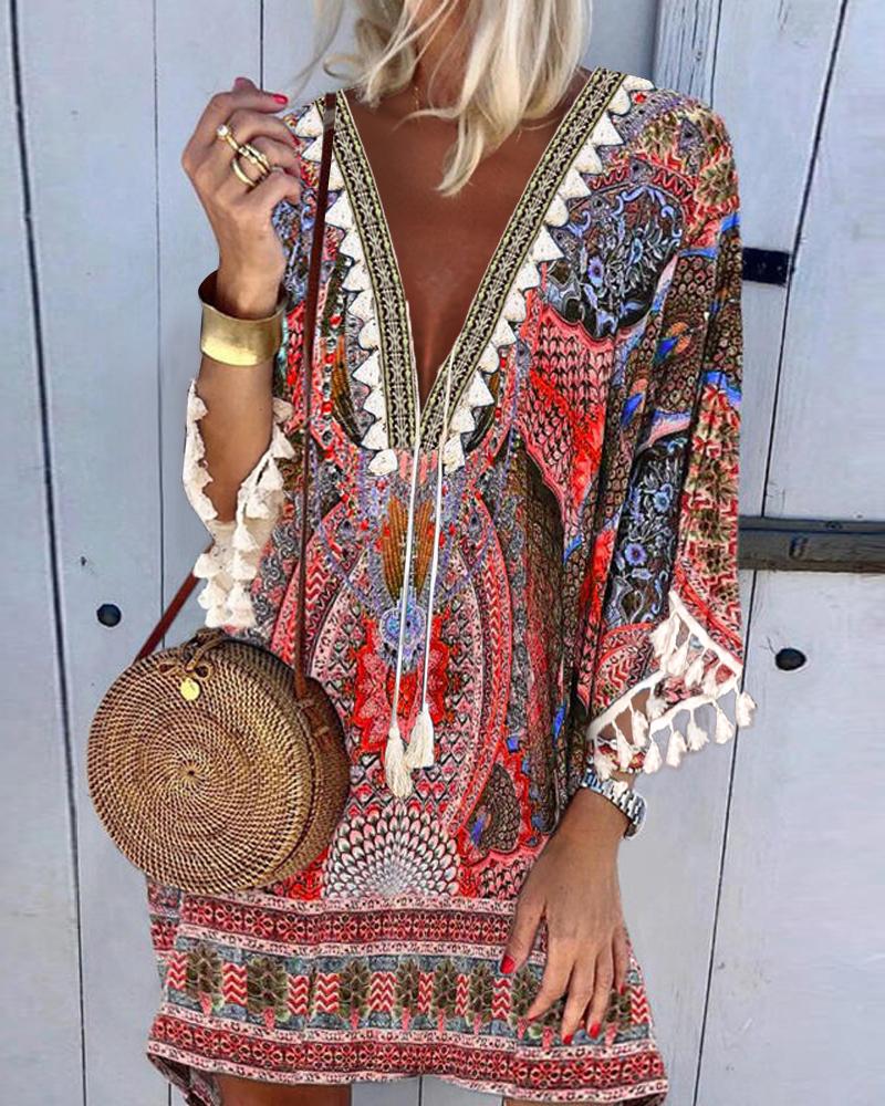 

Retro Tribal Print Tassel Decor Casual Dress, Multicolor