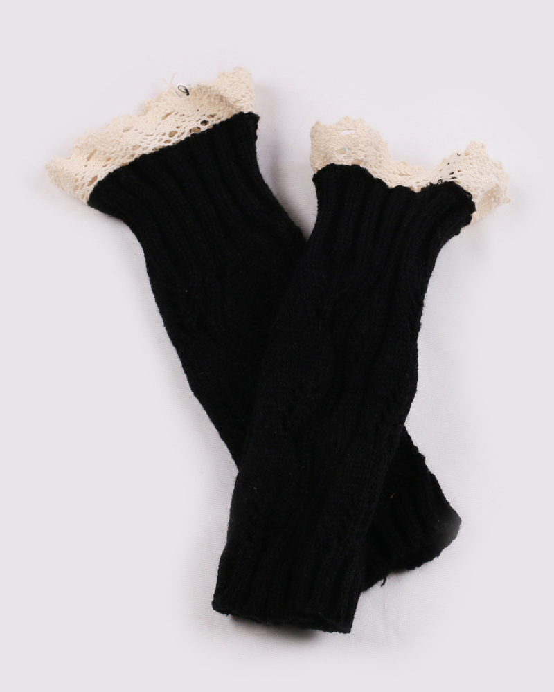 

1Pair Contrast Lace Knit Fingerless Gloves, Black
