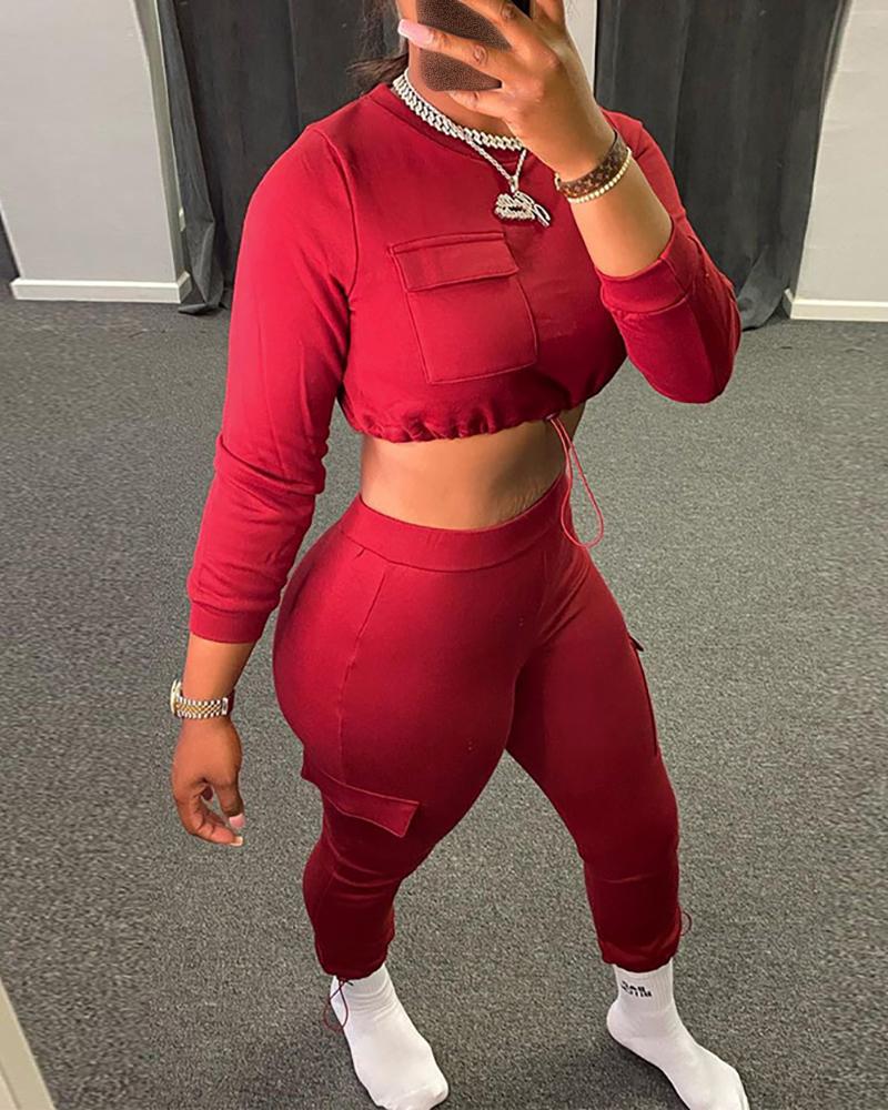 

Pocket Design Drawstring Crop Top & High Waist Pants Set, Red