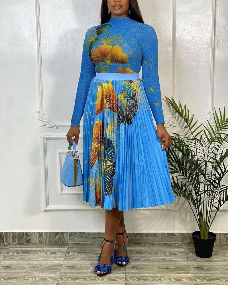 

Leaf Print Long Sleeve Top & Pleated Skirt Set, Blue