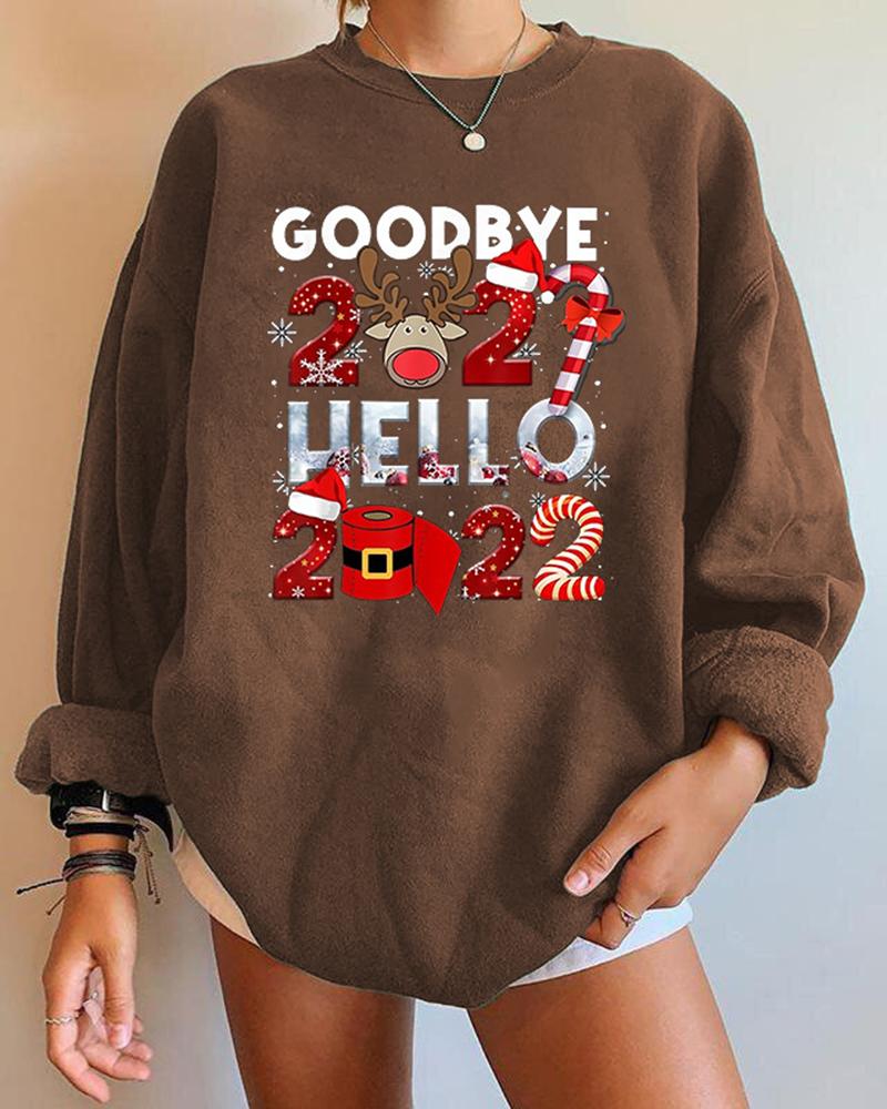 

Christmas Figure Letter Print Long Sleeve Sweatshirt, Coffee