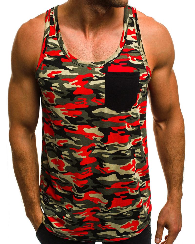 

Multicolor Camouflage Print Sleeveless Loose Tanks, Red