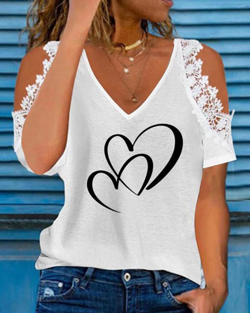 

Cold Shoulder Lace Patch Heart Print Top, White