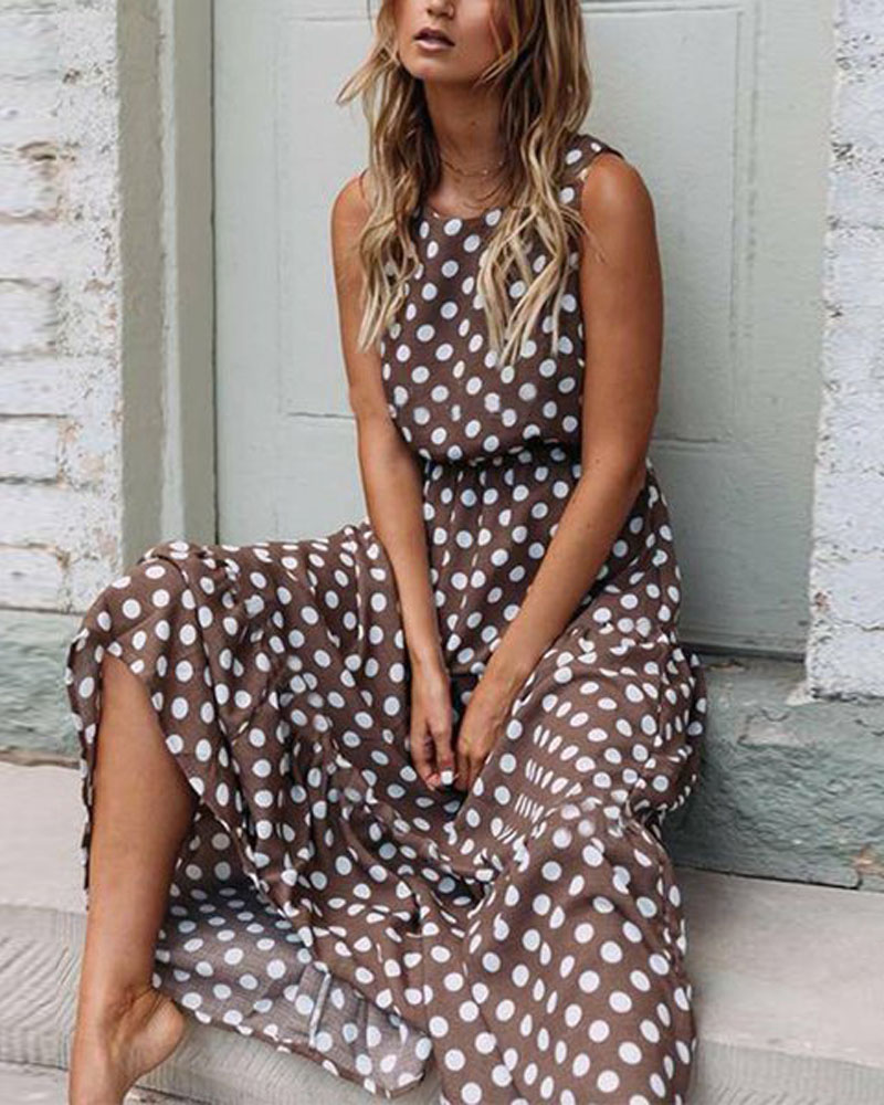 

Polka Dot Print Casual Tank Dress, Coffee