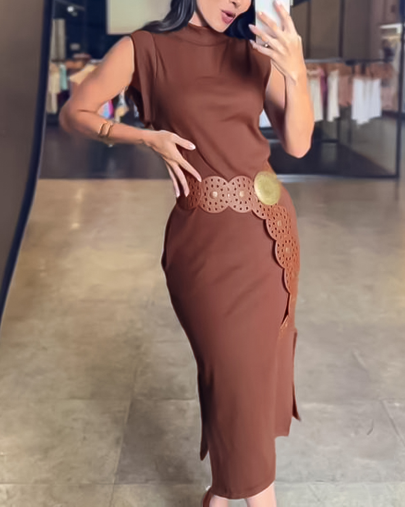 

Vestido sin mangas de cuello alto con abertura lateral y bolsillo (con cinturón), Coffee