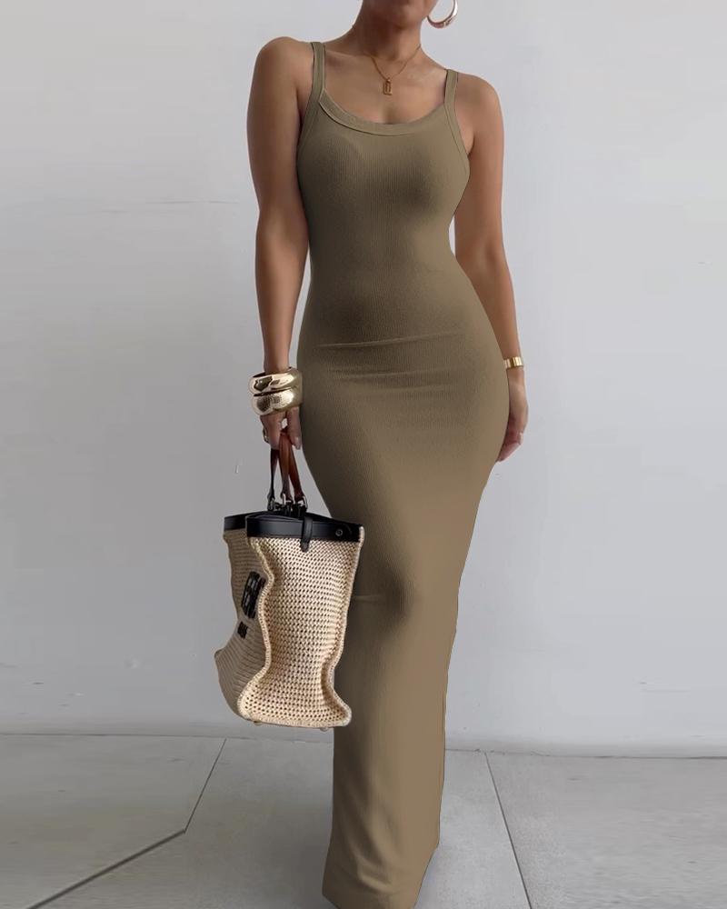 

U-Neck Spaghetti Strap Maxi Dress, Brown