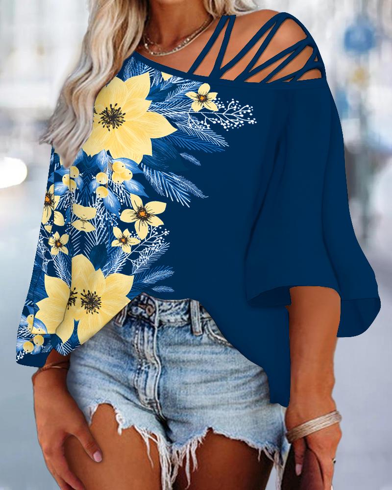 

Plus Size Tropical Print Cold Shoulder Top, Blue