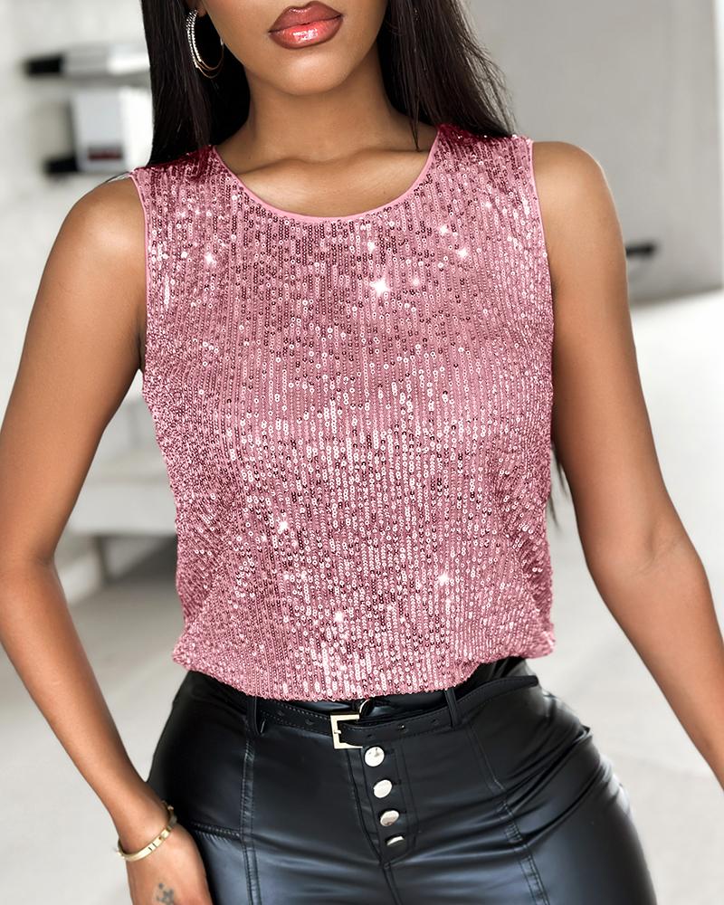 

Top informal ajustado sin mangas con cuello redondo y lentejuelas brillantes, Pink