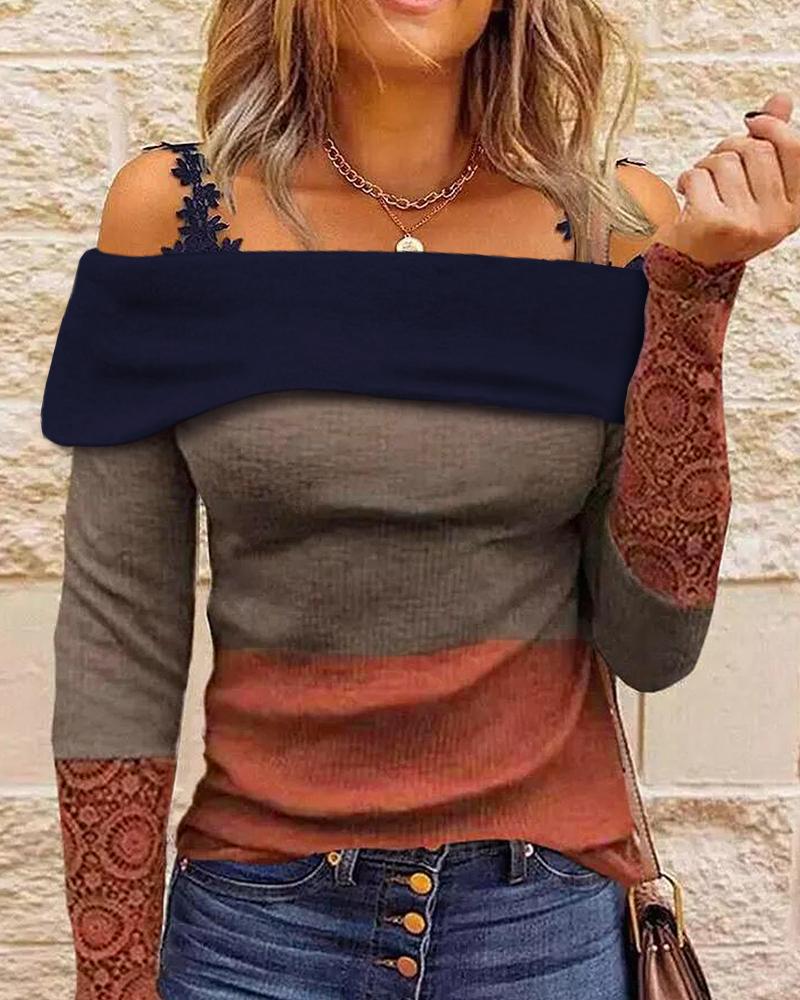 

Colorblock Contrast Lace Cold Shoulder Top, Multicolor